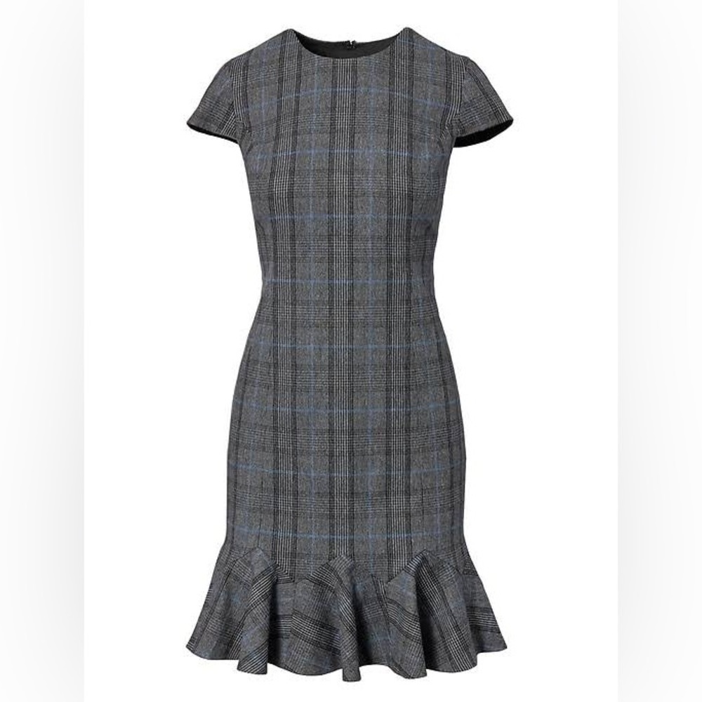 Banana Republic Gray Plaid Cap-Sleeve Ruffle-Hem Dress
